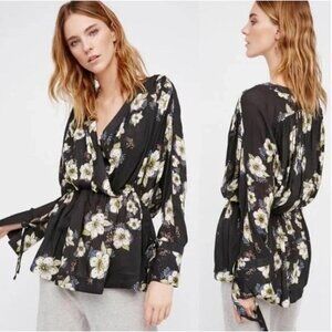Free People Tuscan Dreams Floral‎ Print Boho Tunic Top Black Blouse Size M